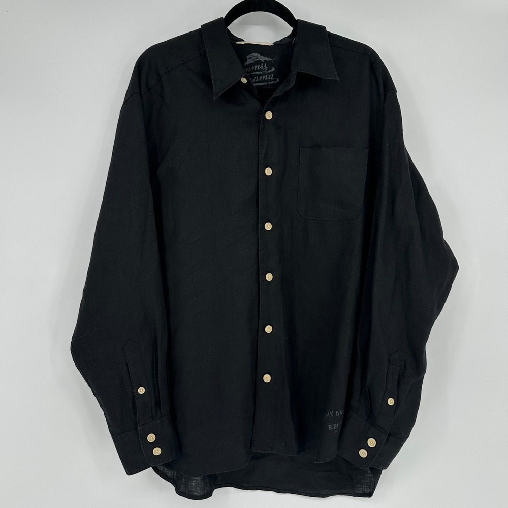 Tommy Bahama Black 100% Linen Relax Button Up Long Sleeve Pocket Collar Shirt XL